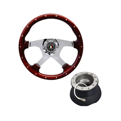 Steering Wheel Bullit Woodgrain with Polished Spokes 380mm  w/ Boss Kit Suits Nissan Patrol Non-Airbag Models