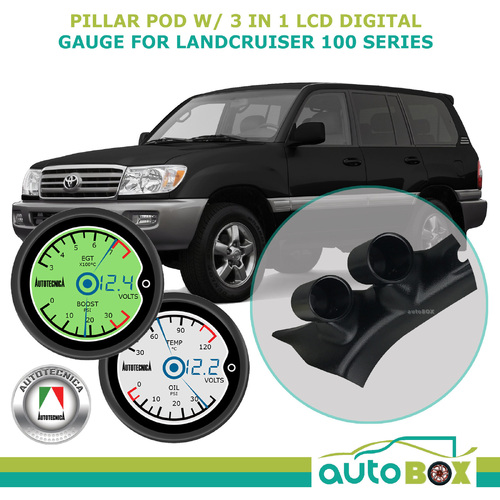 Gauge Pillar Pod Grey Single Piece w/ 3in1 LCD Digital Twin Gauges for Toyota Landcruiser 100 1998-07